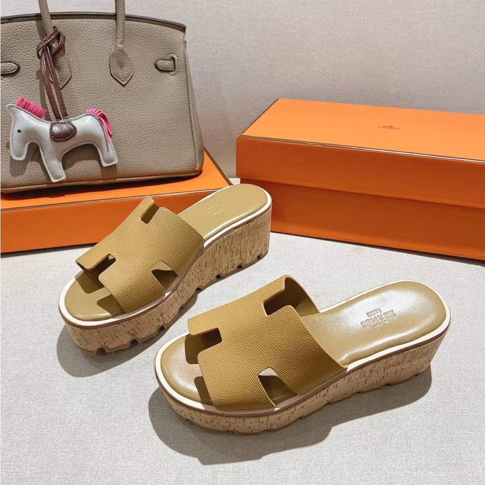 Hermes Women's Tan Wedge Sandals - Picture 2 of 8